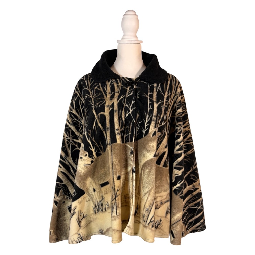 Vintage Wolf Woodland Fleece Cape M/L Dark Mori Kei Whimsical Earthy Nature Camp